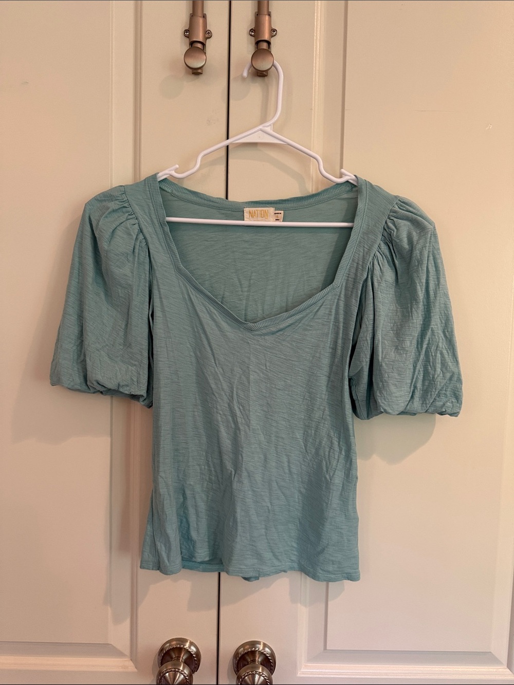 Nation s Puff Sleeve Square Neck Top in Seafoam